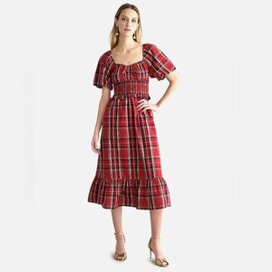 J. Crew Good Tidings Plaid Smocked Puff Sleeve Sweatheart Maxi Holiday Dress-EUC